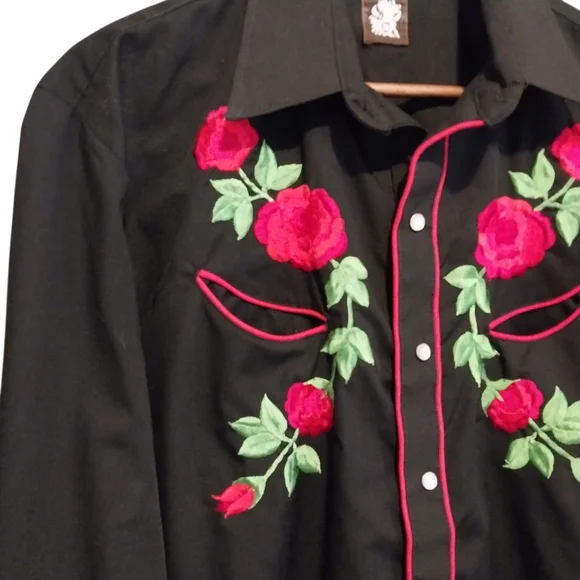VTG Karman Cowboy Western Peal Snap Embroidered Floral Roses Shirt 80s Mens - Picture 3 of 10